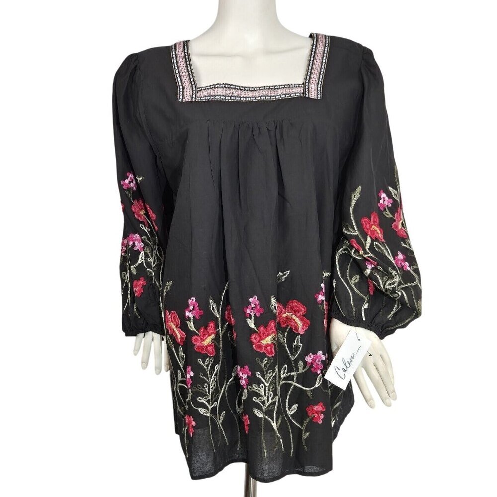 Calessa Women's Size M Floral Peasant Top Black Side Slits Embroidered (53)